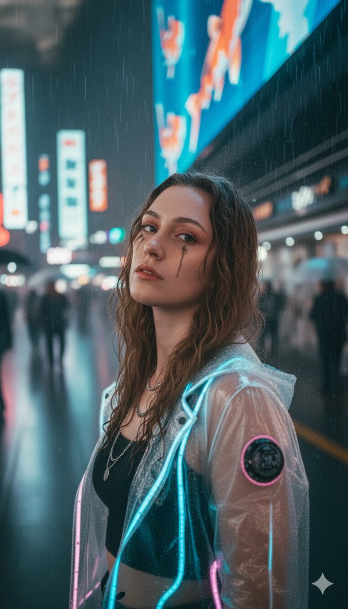 暴雨夜新宿全息锦鲤下的冷艳赛博少女 AI image prompt result