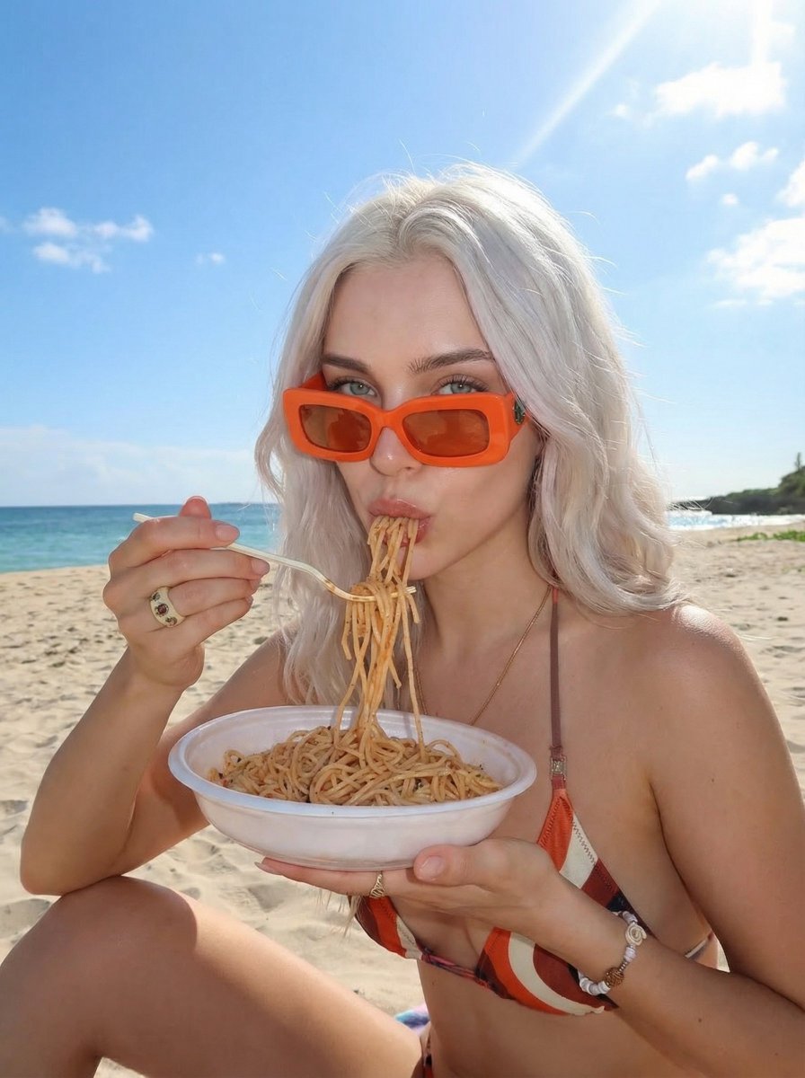 阳光碧海畔金发女孩吸溜意面的惬意瞬间 AI image prompt result