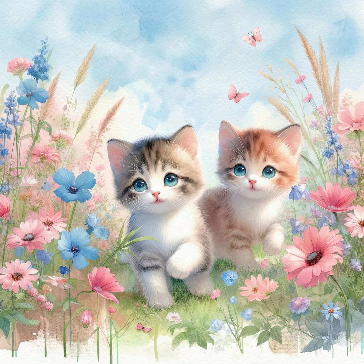 梦幻水彩花丛中的两只蓝眼萌猫漫步 AI image prompt result