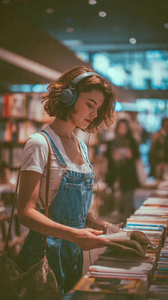 午后书店光影下的耳机少女阅读时光 AI image prompt example