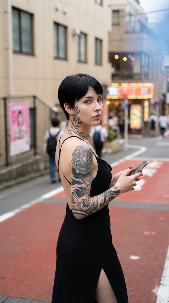 日系街头回眸的刺青黑裙少女 AI image prompt result