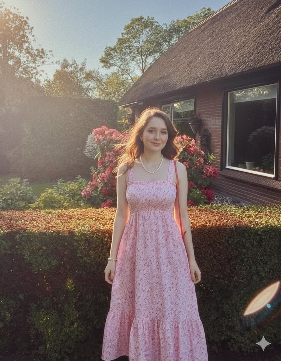 英式花园的粉裙少女肖像 AI image prompt result