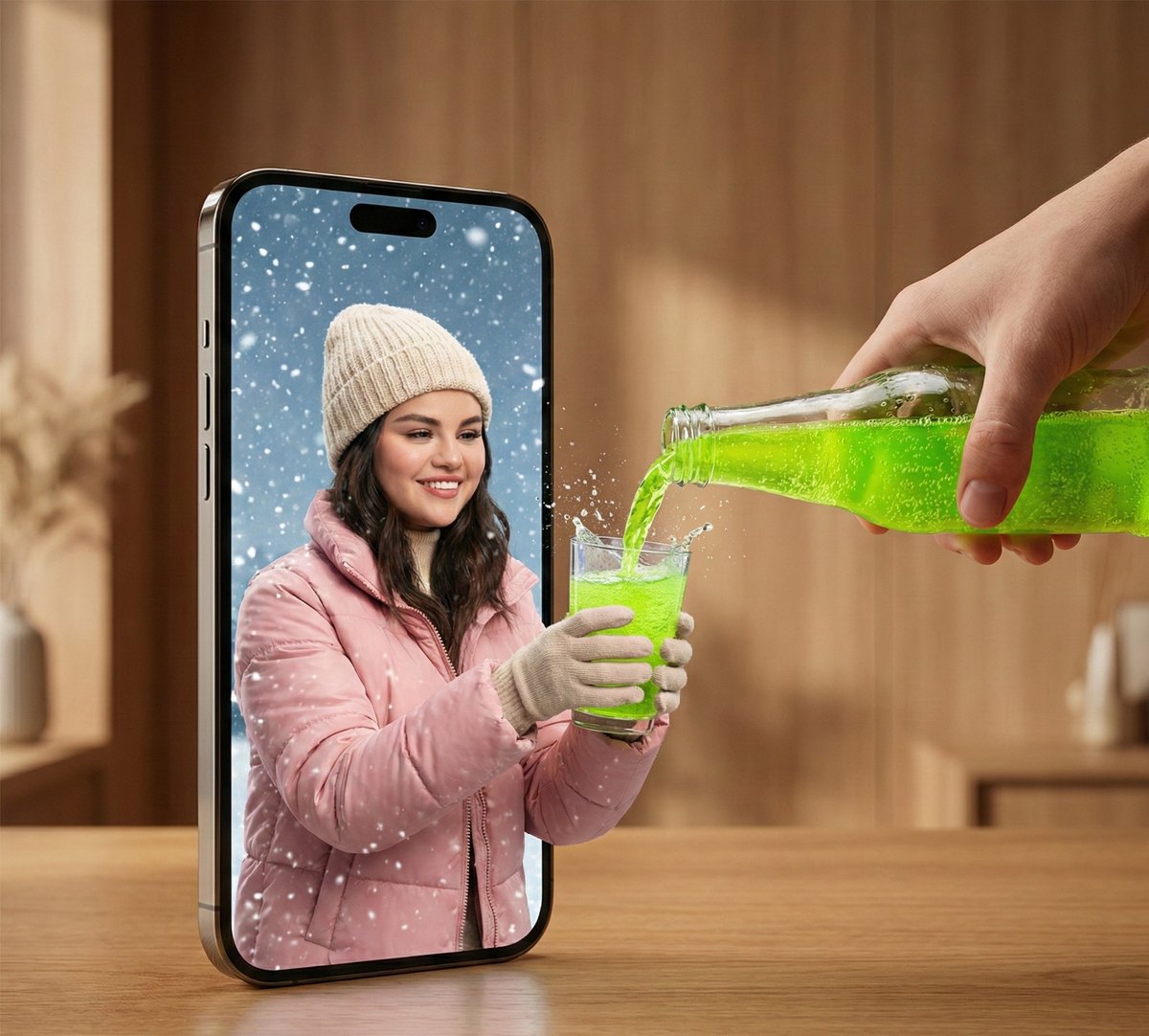 跨越屏幕倒进冰雪世界的荧光汽水 AI image prompt result