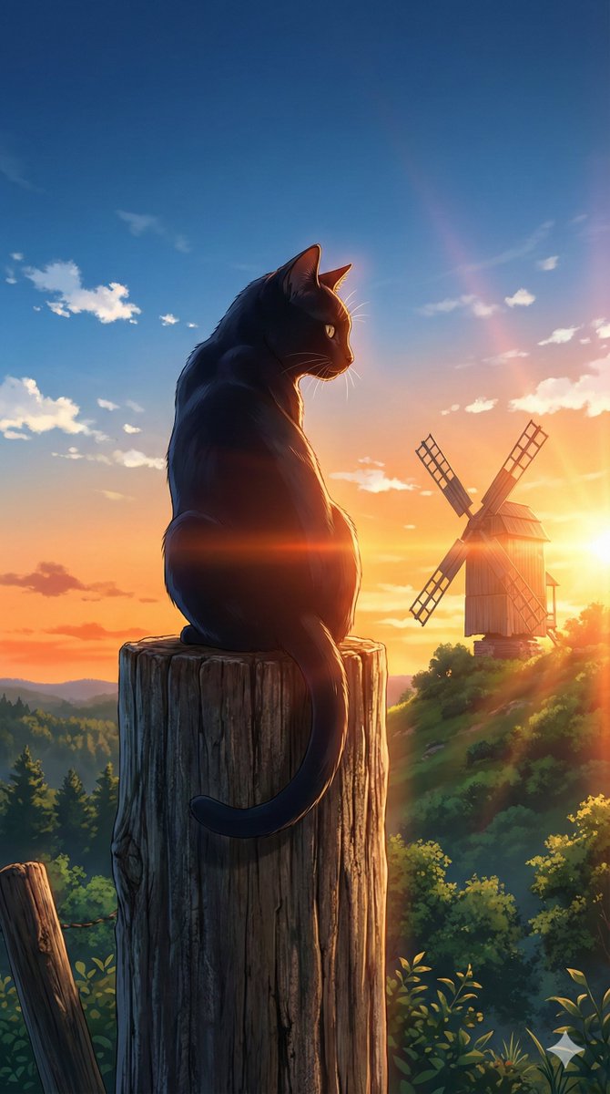落日逆光下的黑猫回眸 AI image prompt result
