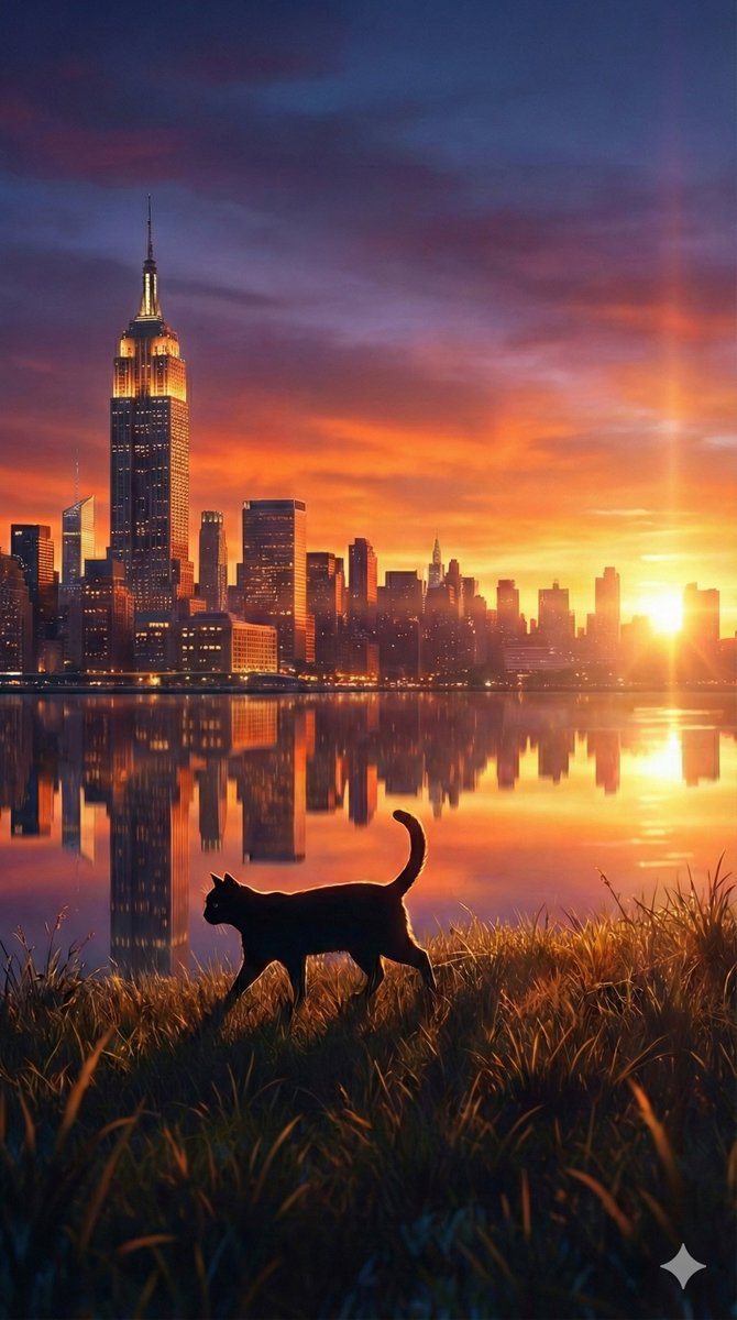 落日余晖下的黑猫与帝国大厦倒影 AI image prompt result
