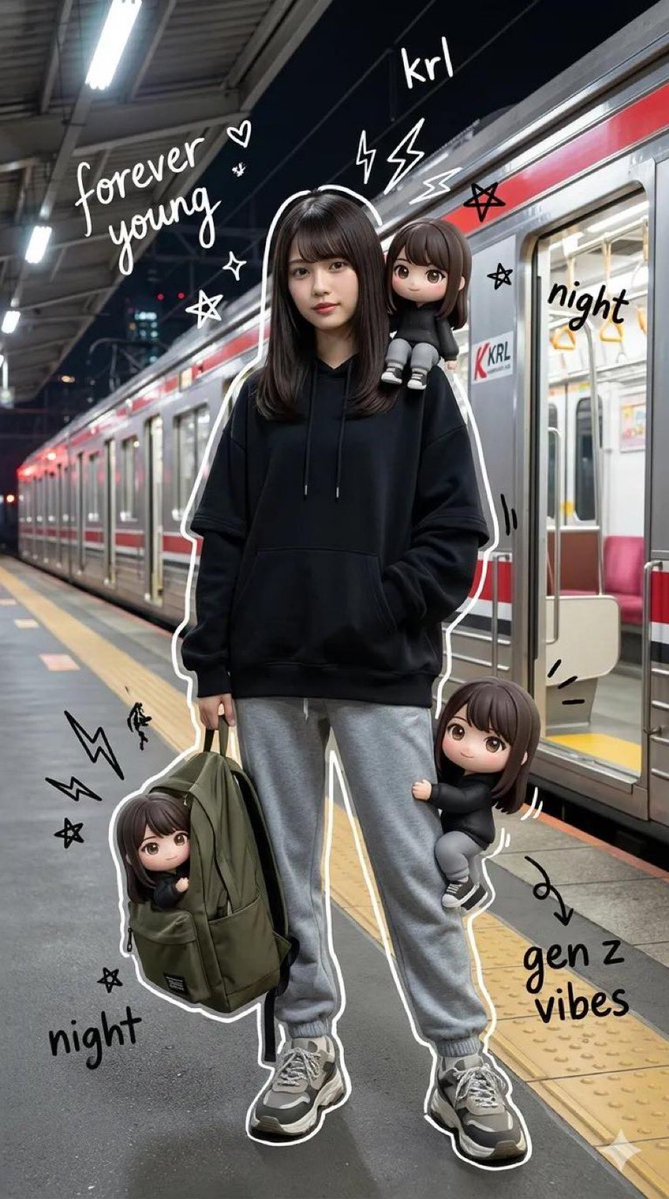 Z世代夜班站台潮酷混合媒介人像 AI image prompt result