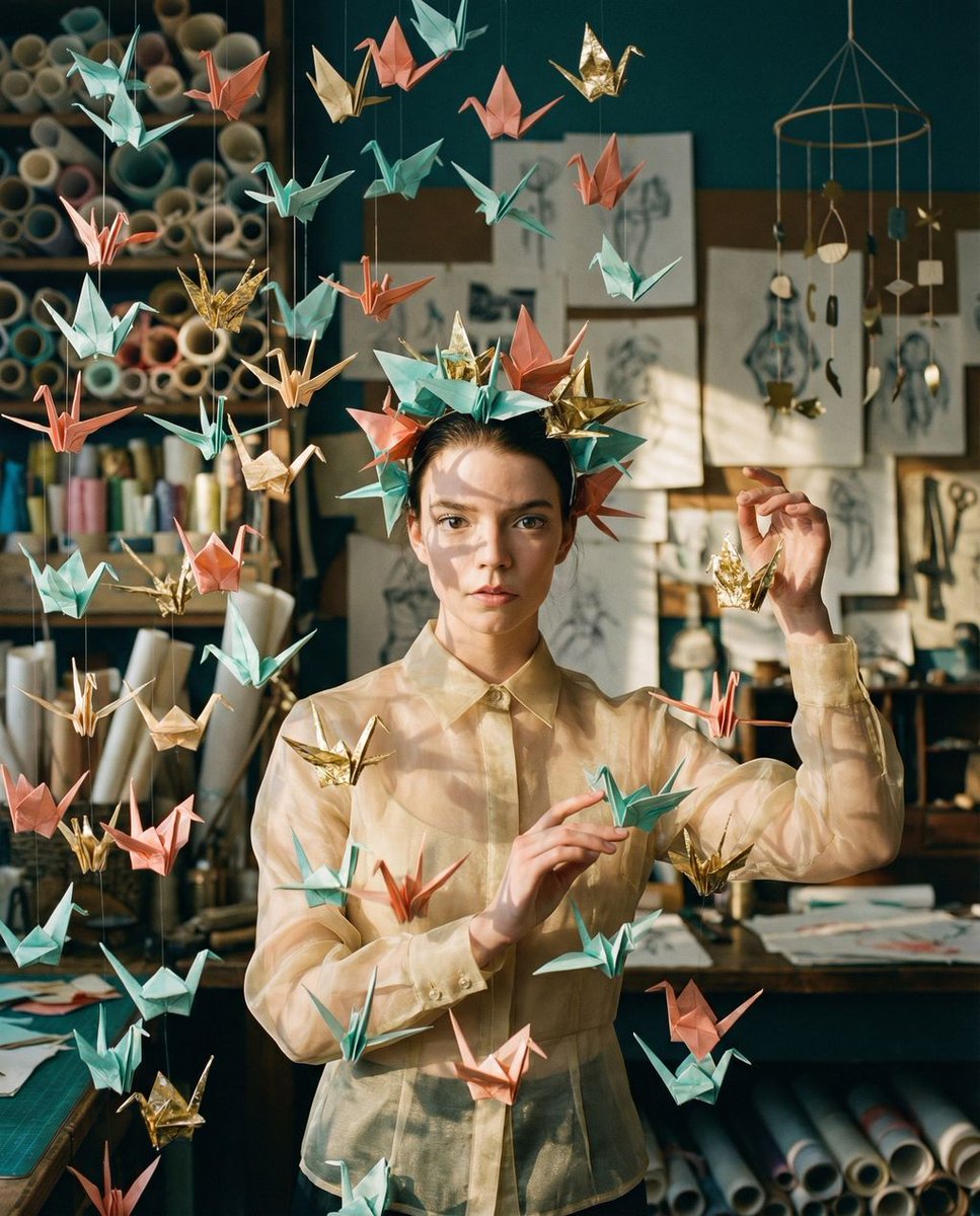 悬浮纸鹤环绕的空灵纸艺写真 AI image prompt result