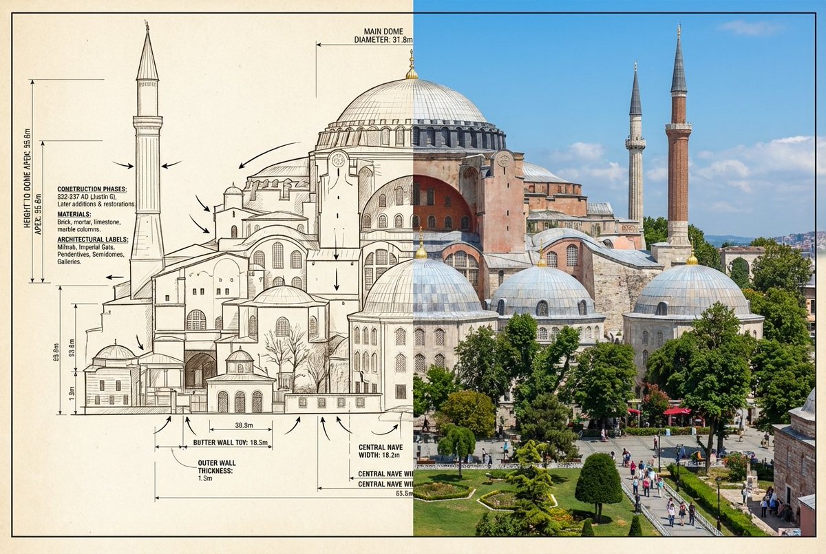圣索菲亚大教堂:建筑蓝图与实景对比 AI image prompt example