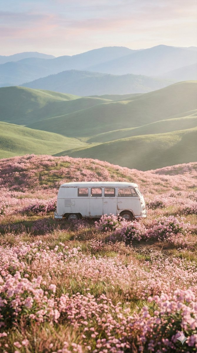 漫山粉红花海中的白色复古面包车 AI image prompt result