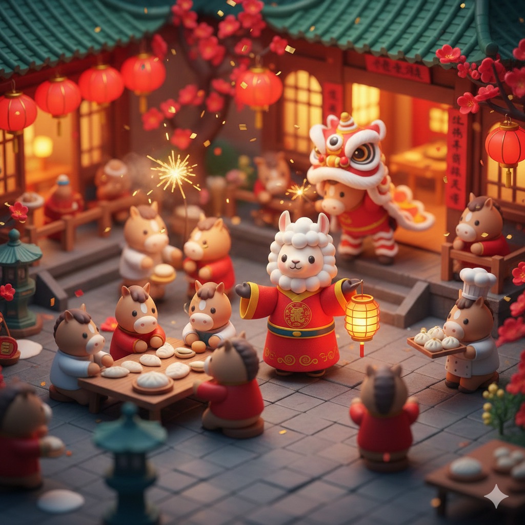 泡泡玛特风新年羊驼微缩庭院 AI image prompt result