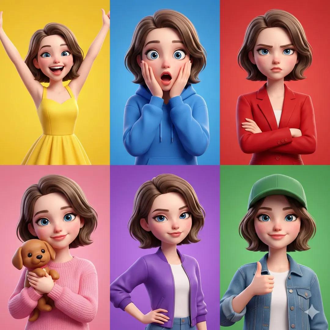 皮克斯风女孩六宫格表情展示 AI image prompt result