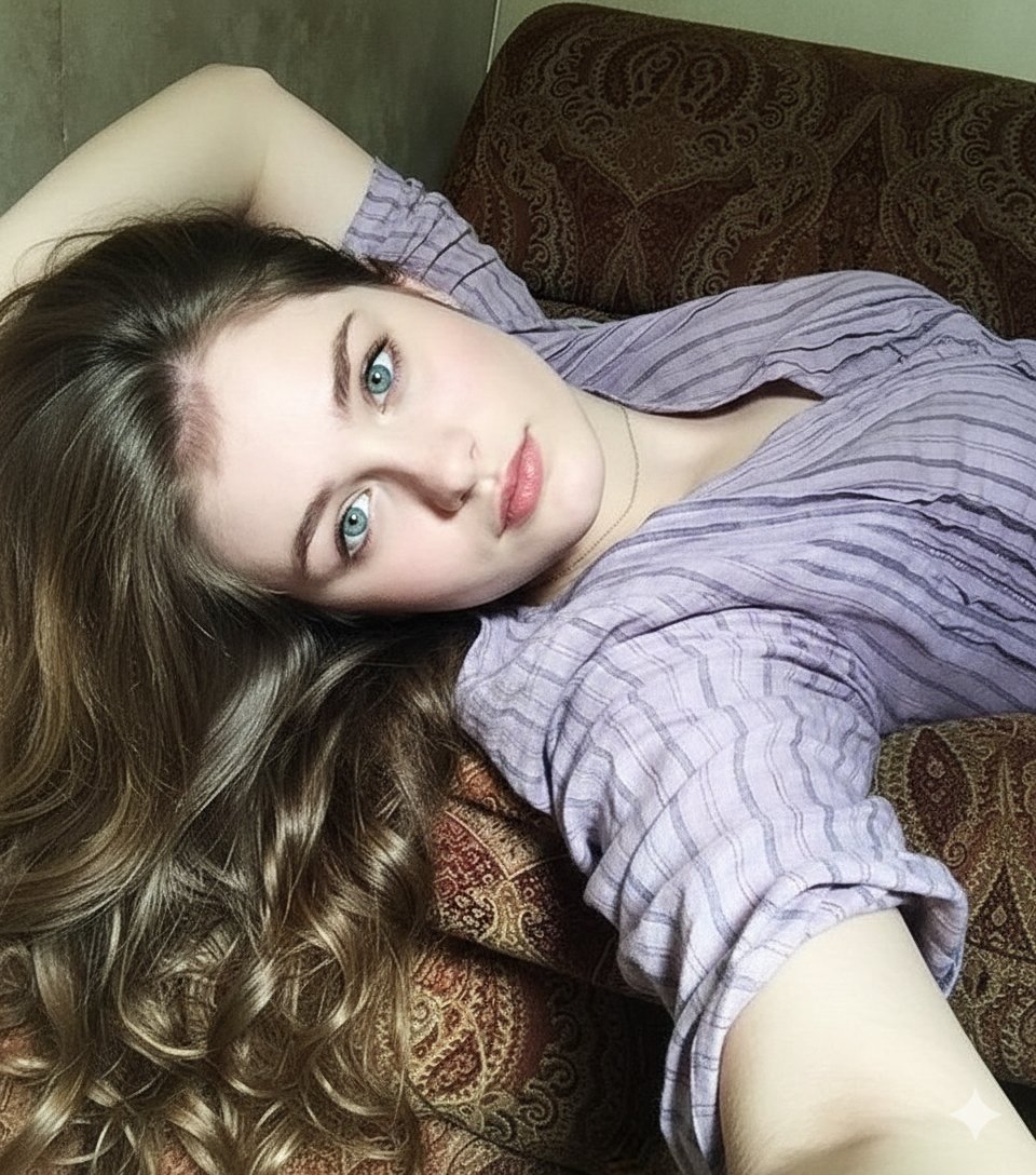 沙发上的绿松石眼眸美女自拍 AI image prompt result