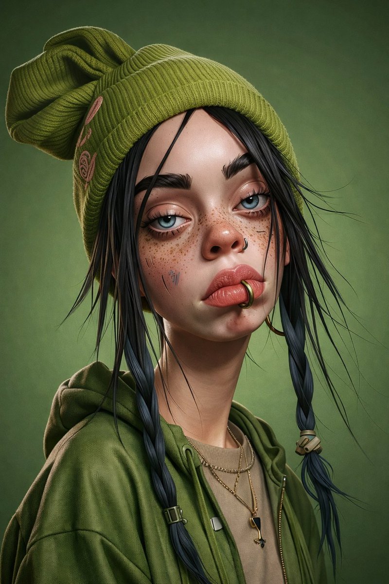 绿发少女的精致3D数字肖像 AI image prompt result