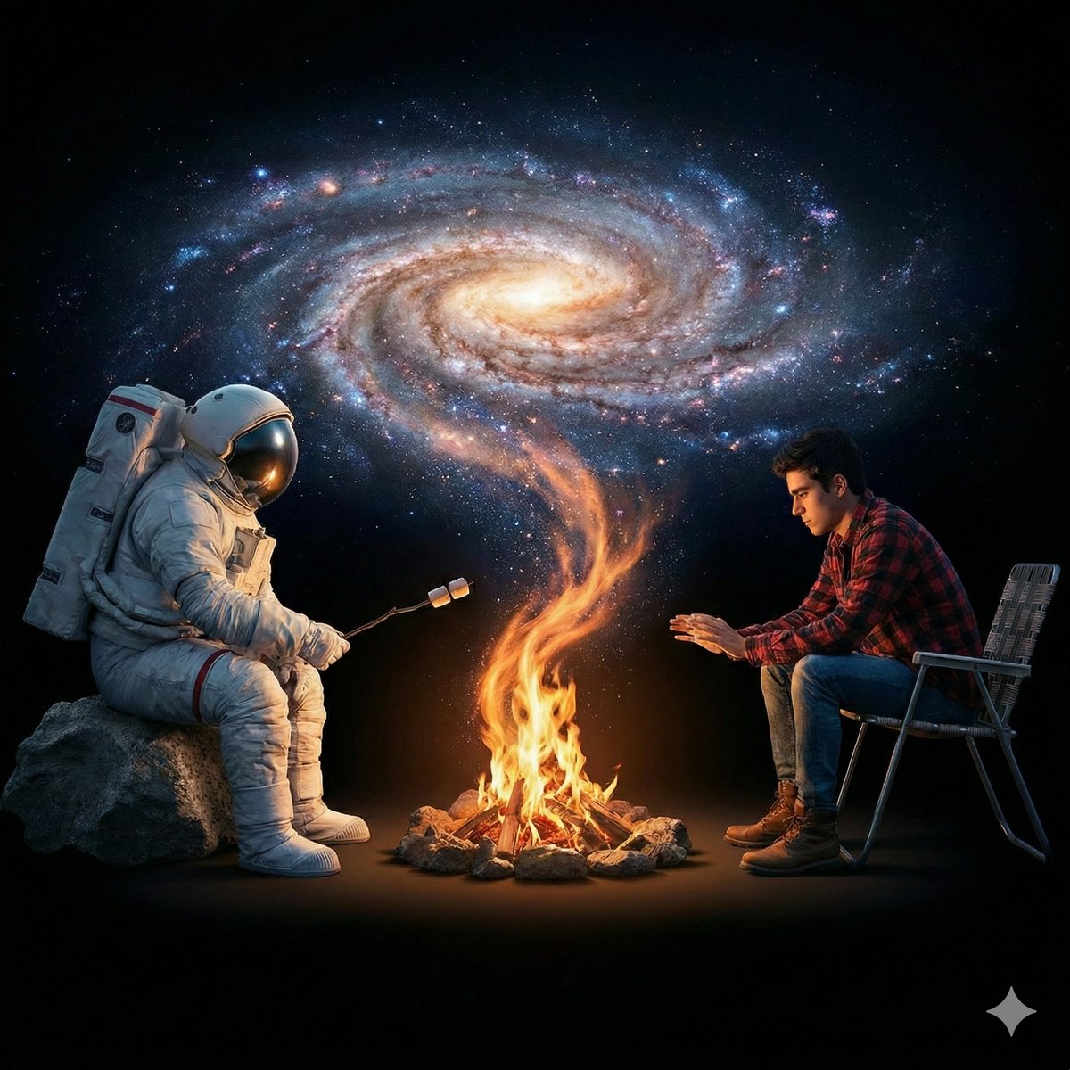 篝火化作星河,宇航员与青年的宇宙奇遇 AI image prompt result