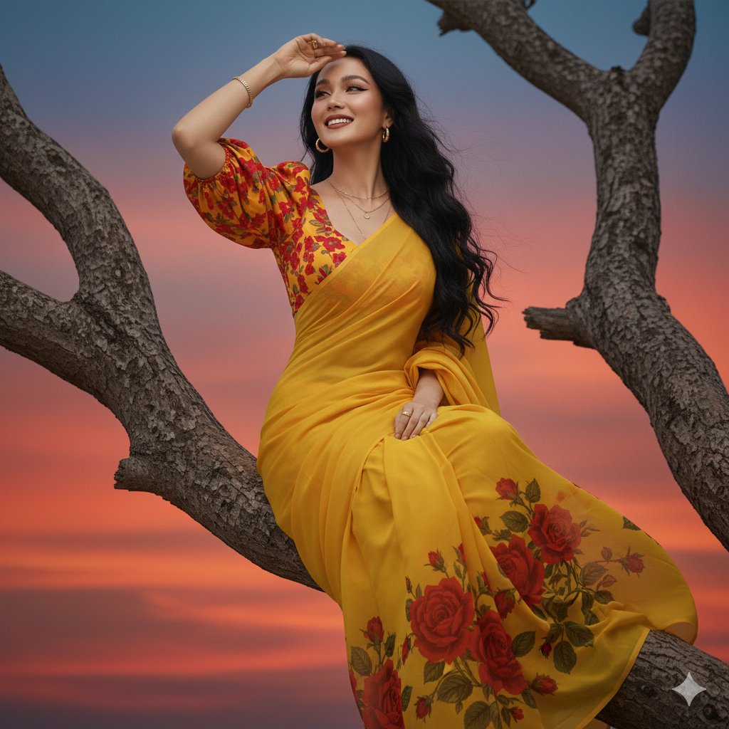 夕阳树枝上眺望的纱丽美人 AI image prompt result