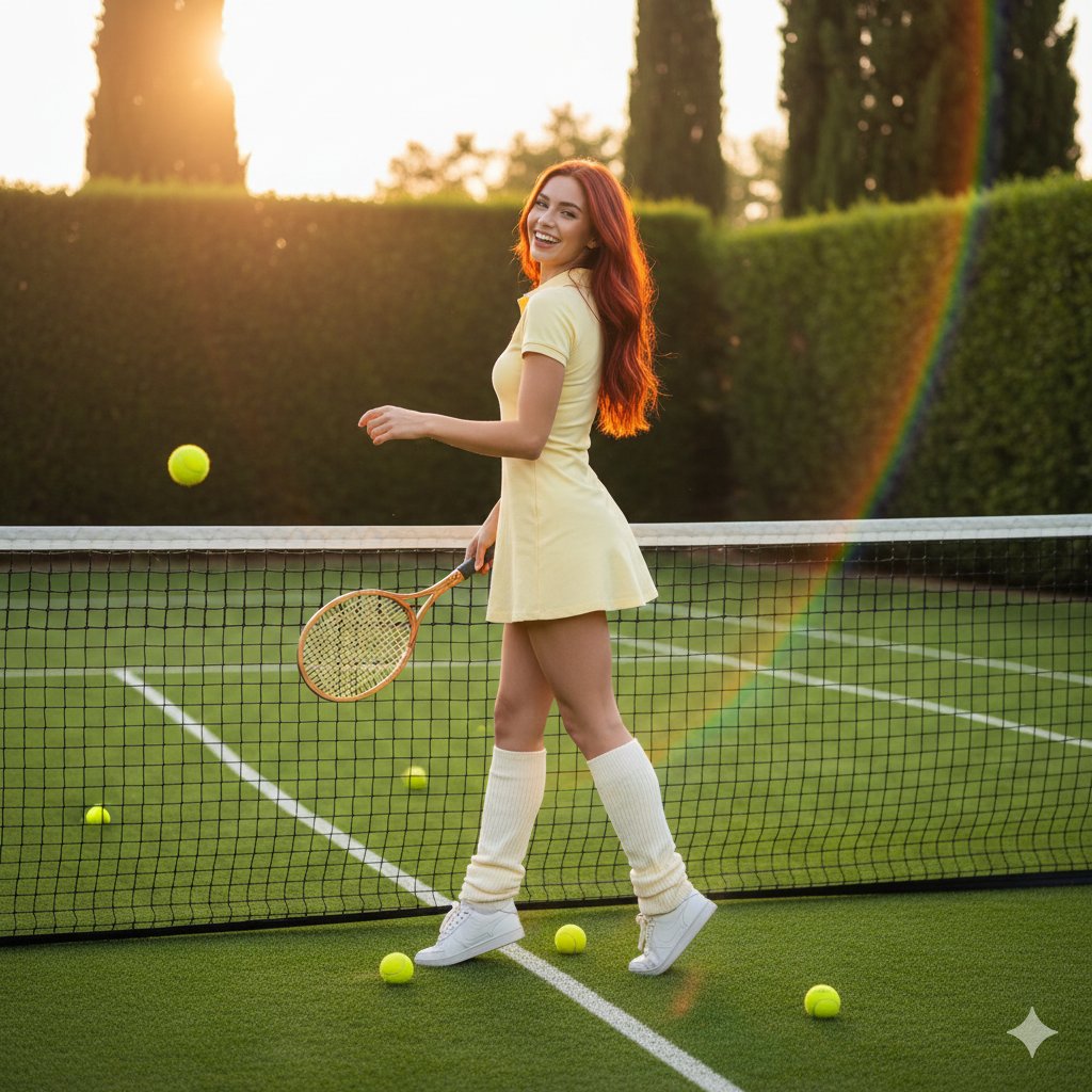 金黄夕阳下回眸一笑的网球少女 AI image prompt result