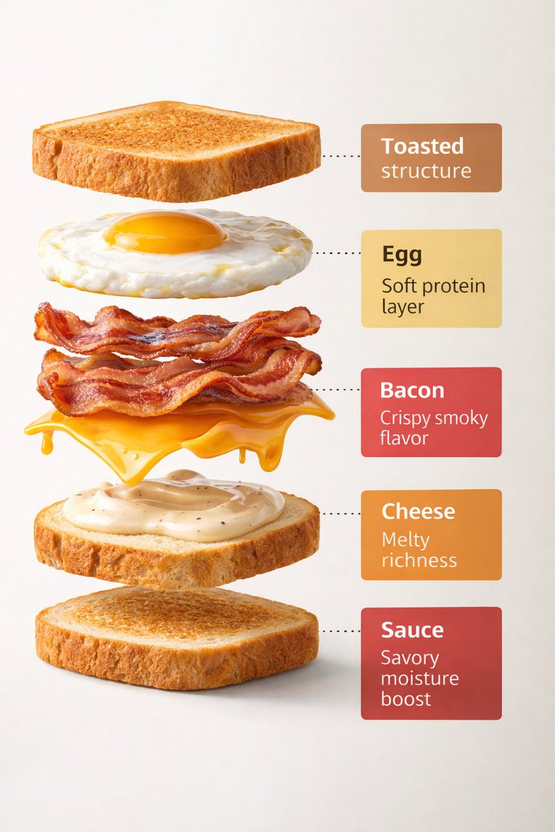 旋转爆炸图:早餐三明治食材解构 AI image prompt example
