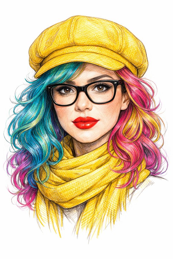 彩铅纹理时尚插画红唇少女 AI image prompt result