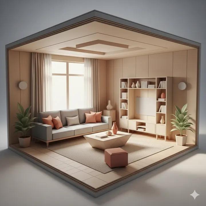 柔和粉彩折纸客厅剖面 AI image prompt result