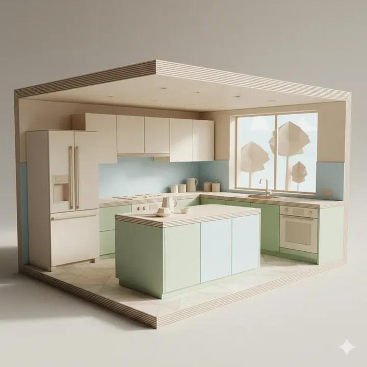 柔和粉彩折纸风极简厨房剖面 AI image prompt result