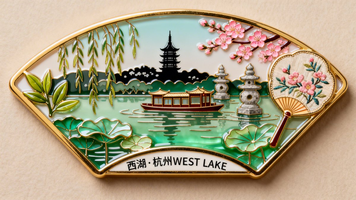 精致珐琅彩西湖冰箱贴设计 AI image prompt example