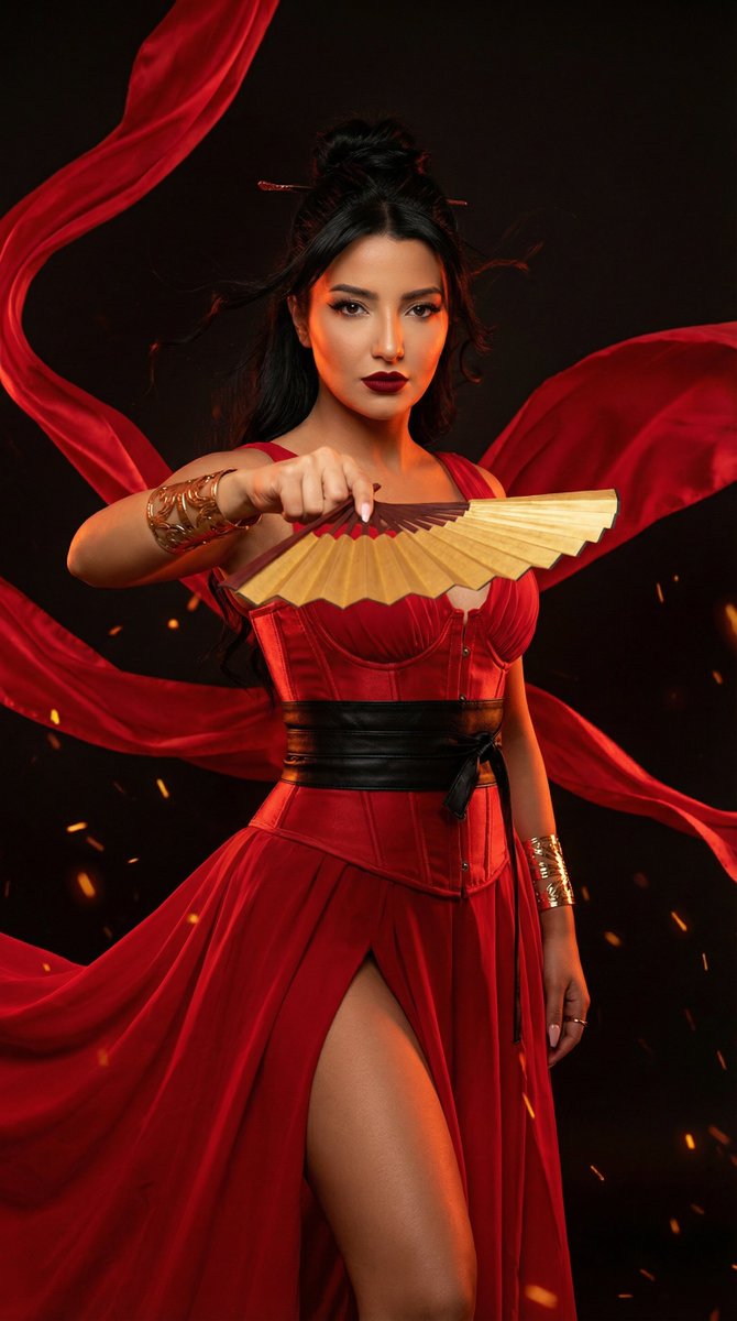 烈焰红裙战神女神电影感特写 AI image prompt result