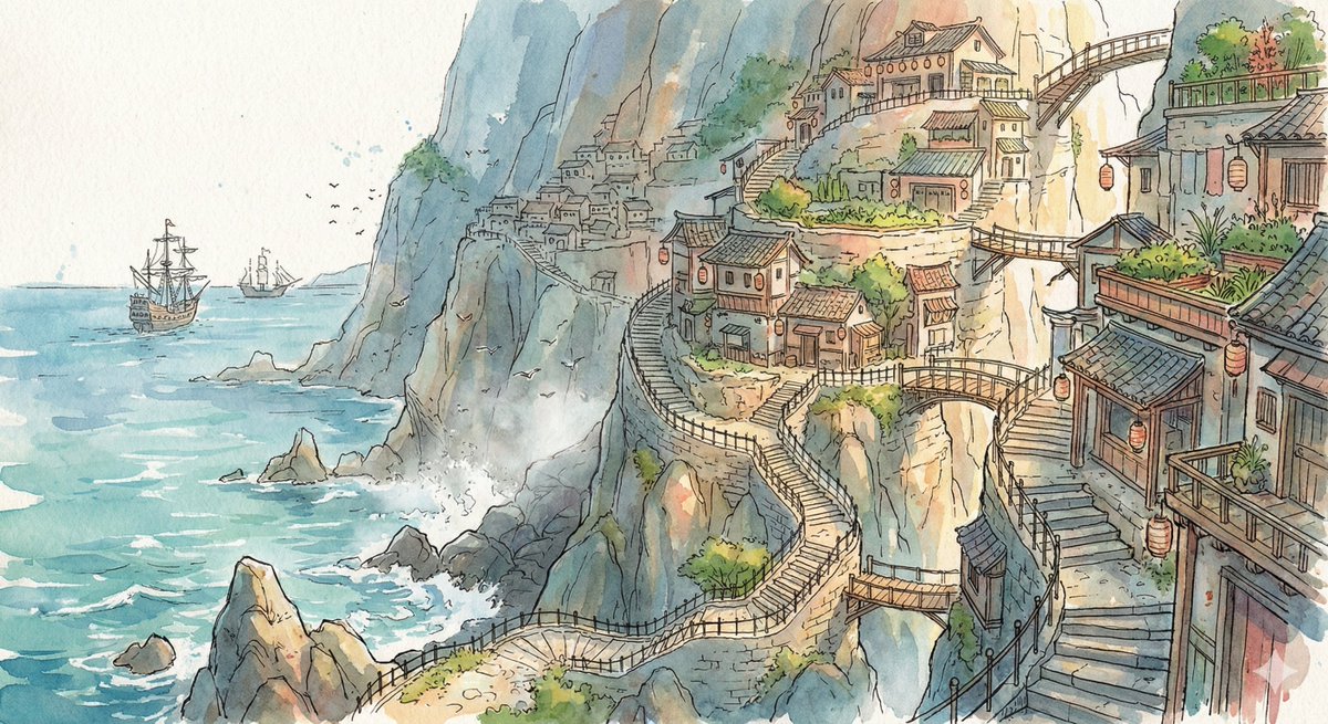 悬崖水彩画里的海边童话村庄 AI image prompt example