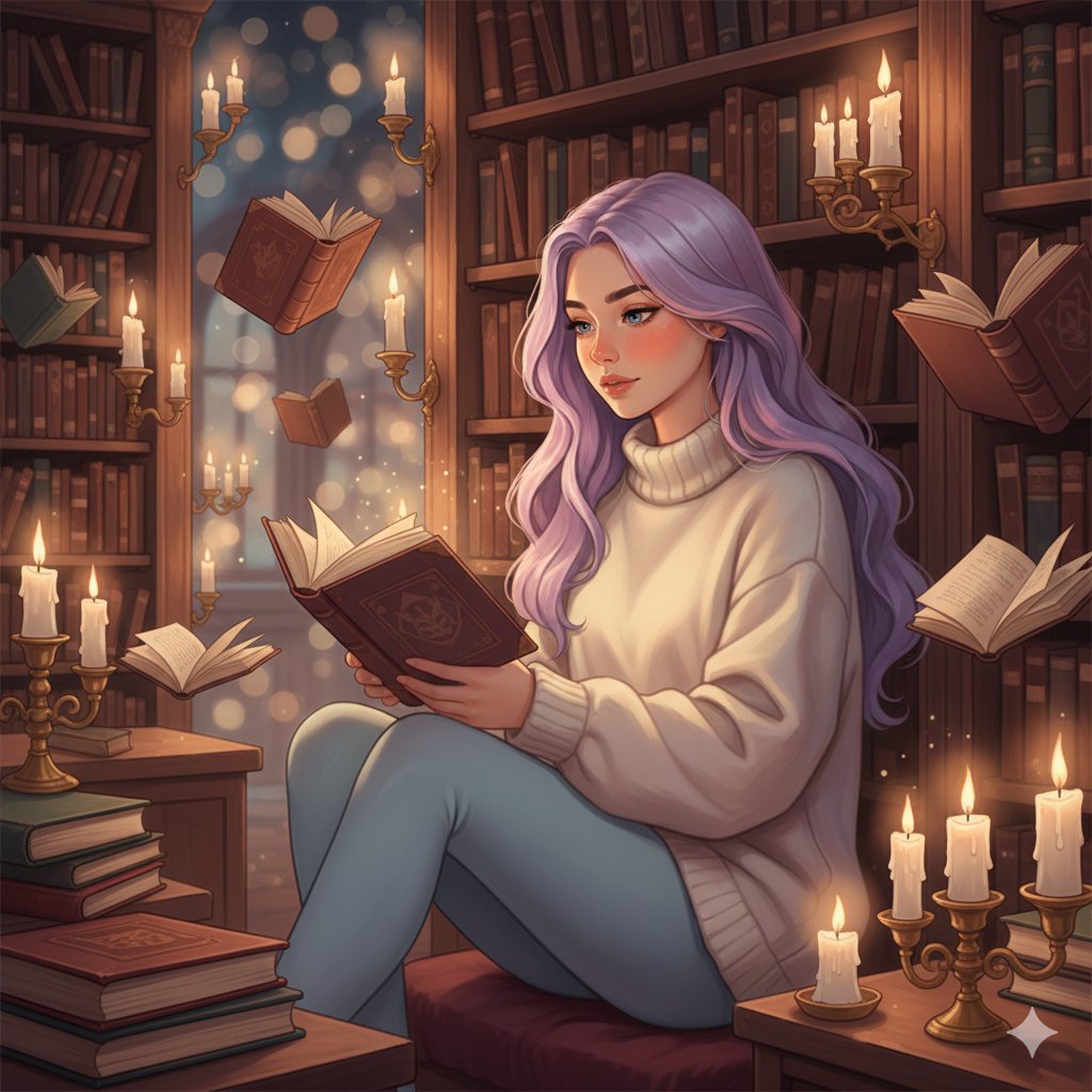 梦幻魔法图书馆的淡紫发少女 AI image prompt example