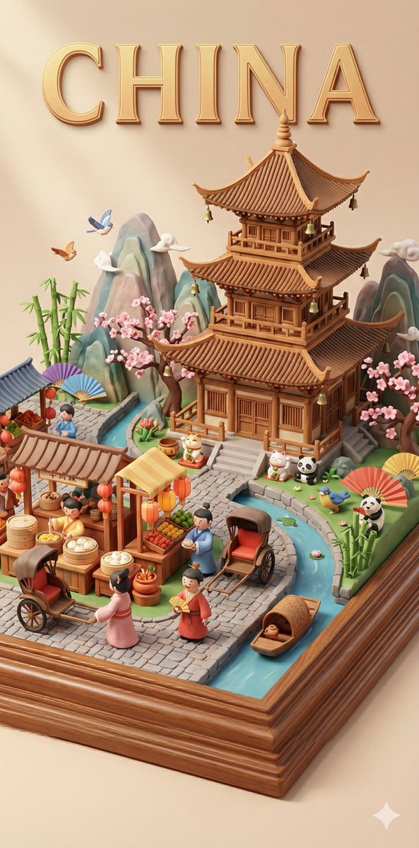 精致多层3D浮雕文化市井微缩模型 AI image prompt example