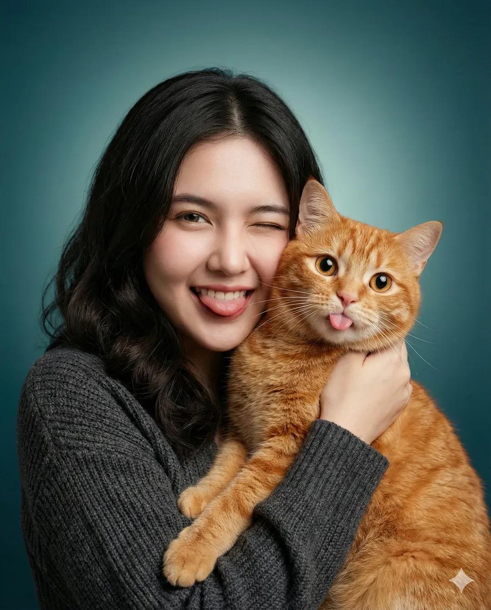 少女轻拥橘猫俏皮吐舌头 AI image prompt result
