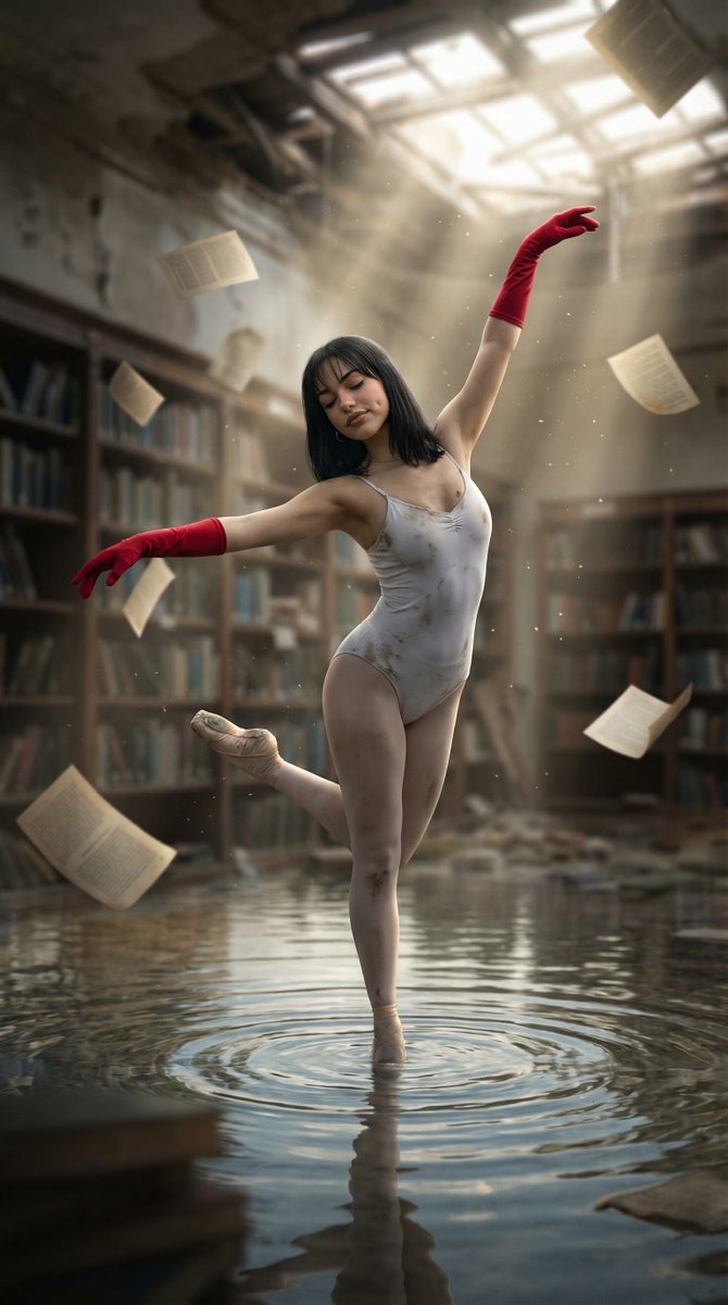 废弃书海水面上的绝美芭蕾 AI image prompt result