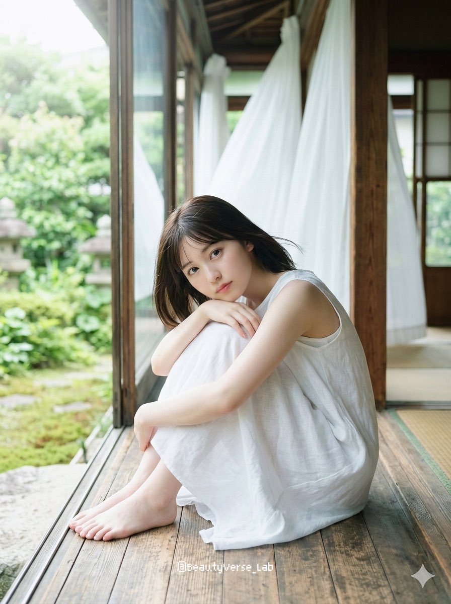 夏日缘侧的纯白空灵少女 AI image prompt example