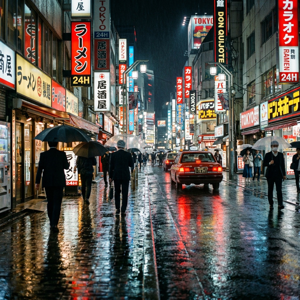 赛博朋克风东京雨夜霓虹街道 AI image prompt example