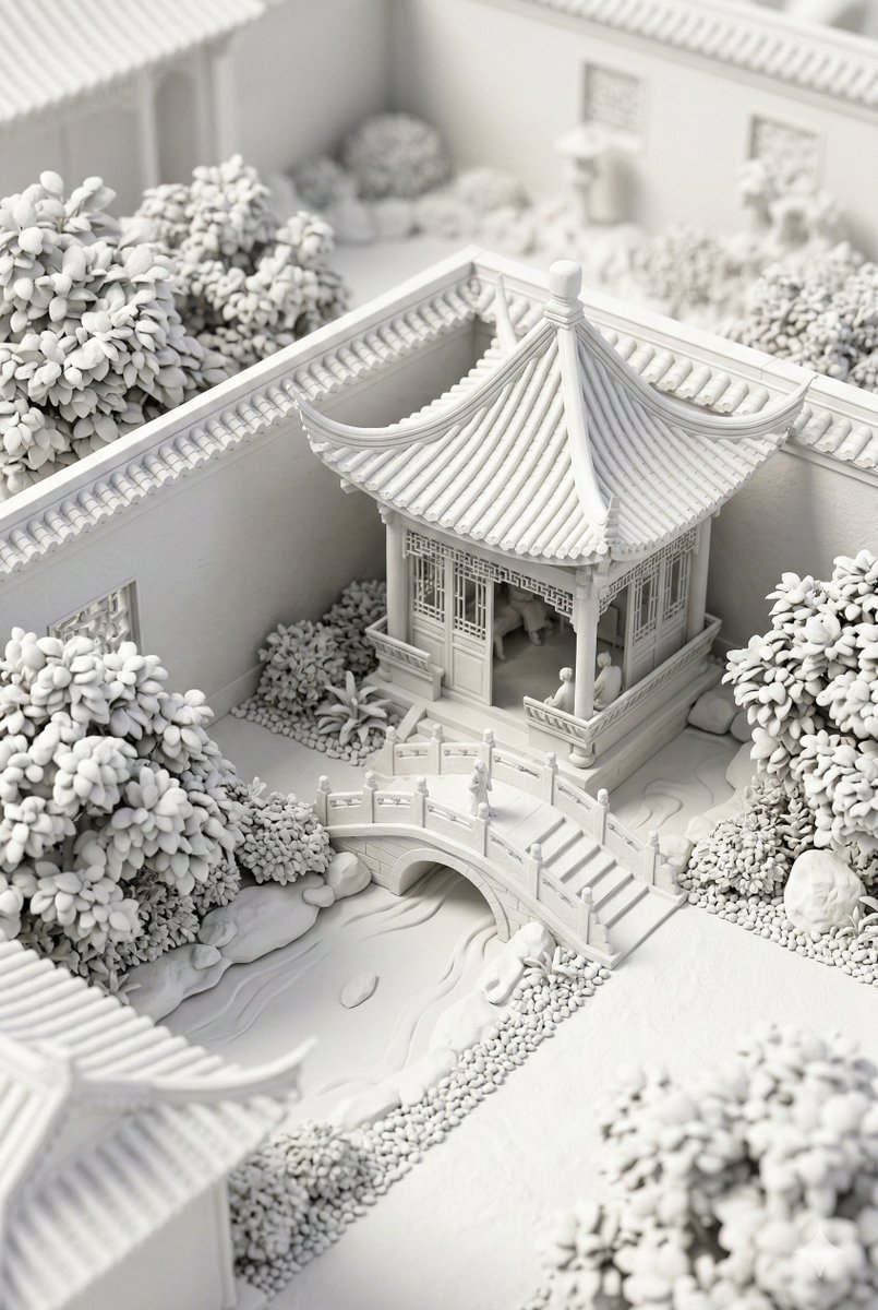 纯白黏土风中式庭院微缩景观 AI image prompt example