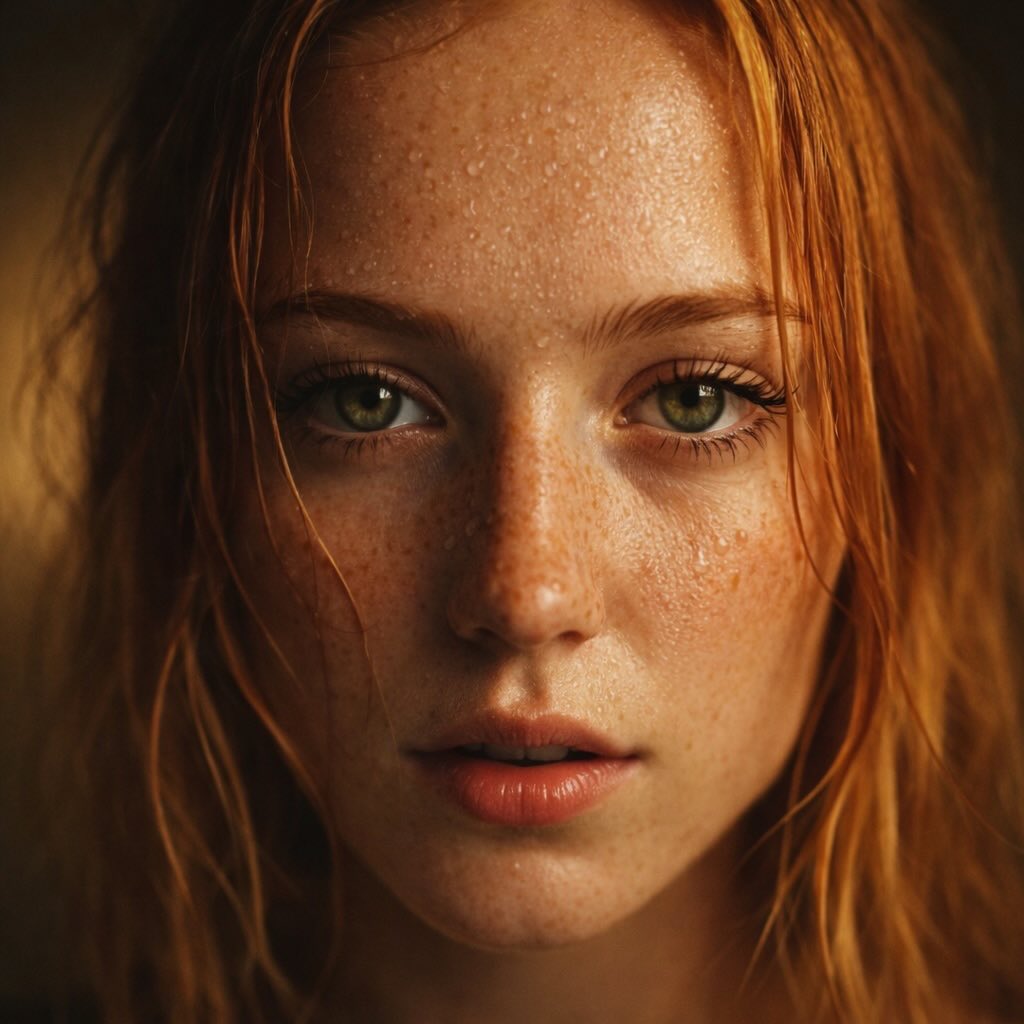 电影级超写实红发雀斑少女特写 AI image prompt result