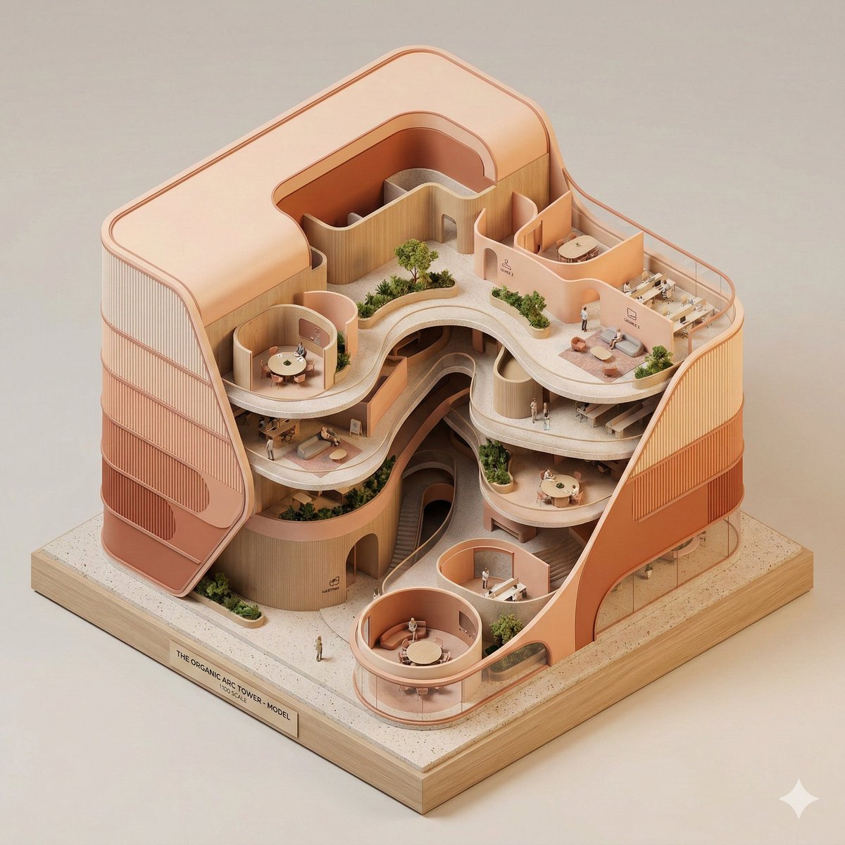 有机流线型办公大楼等轴剖面模型 AI image prompt example
