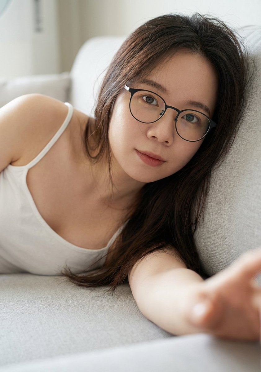 慵懒沙发的温柔眼镜少女 AI image prompt result