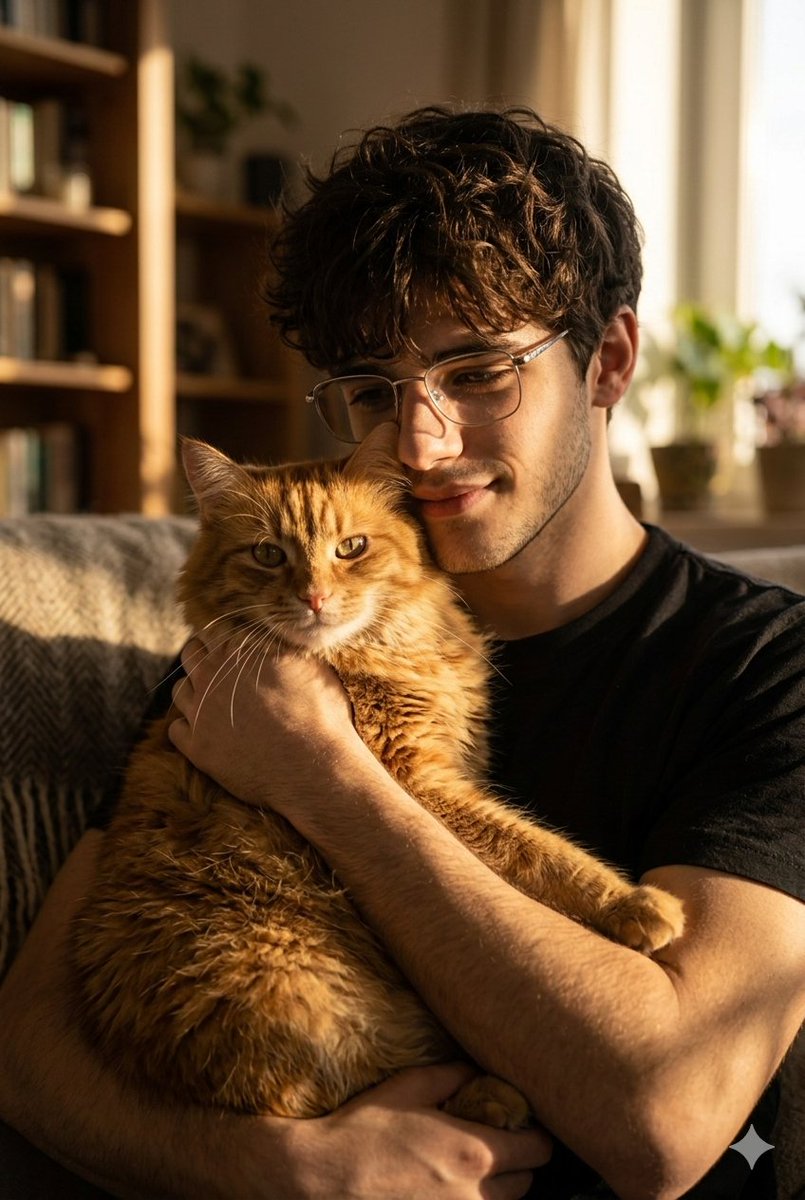 日落余晖下男人温柔拥抱大橘猫 AI image prompt result