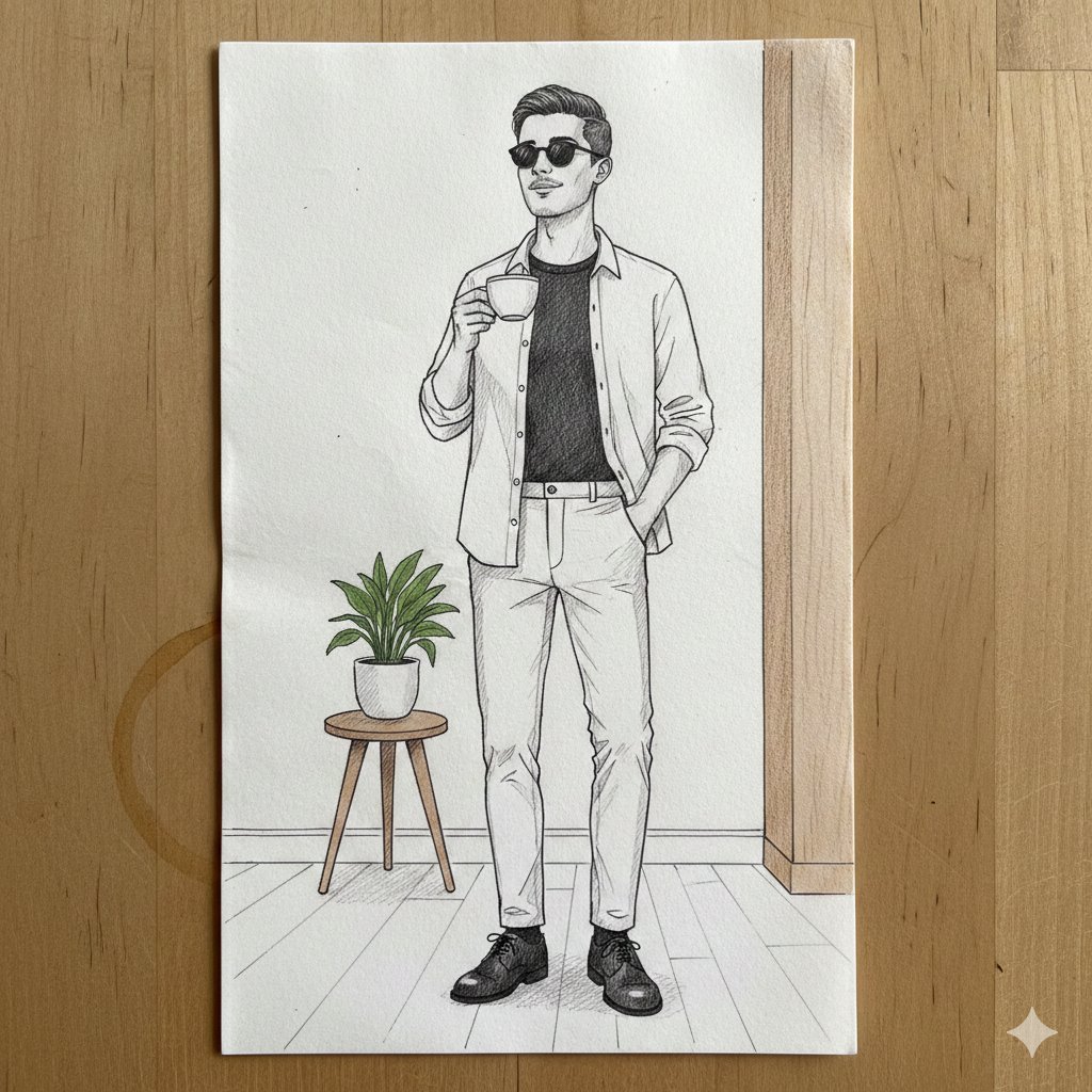 极简空间里的时尚男士手绘素描 AI image prompt example