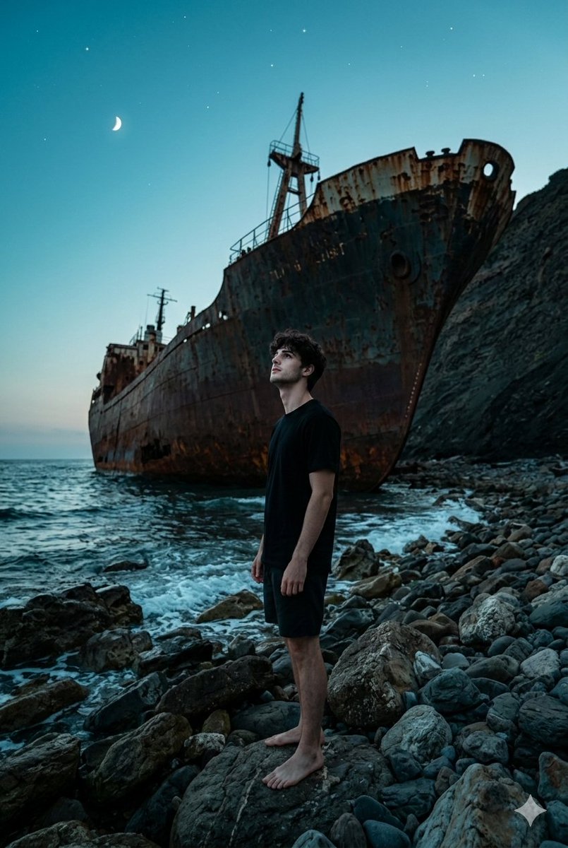 暮色海滩仰望巨轮残骸的男人 AI image prompt example