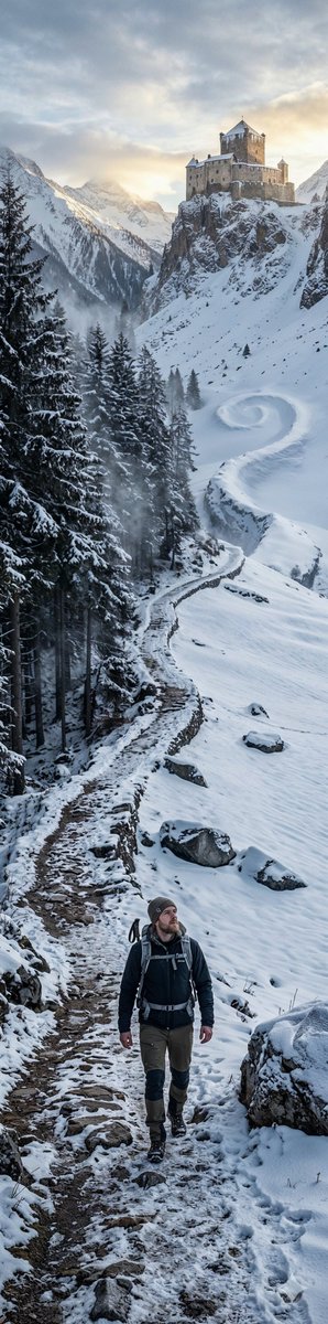 晚冬阿尔卑斯雪径与隐匿巨蛇 AI image prompt example