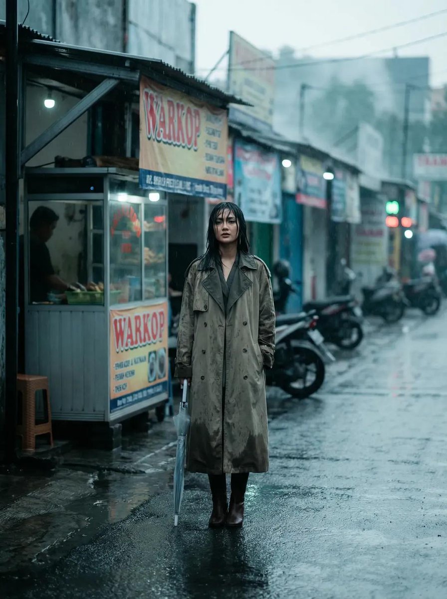 雨中印尼街头的冷调时尚大片 AI image prompt result