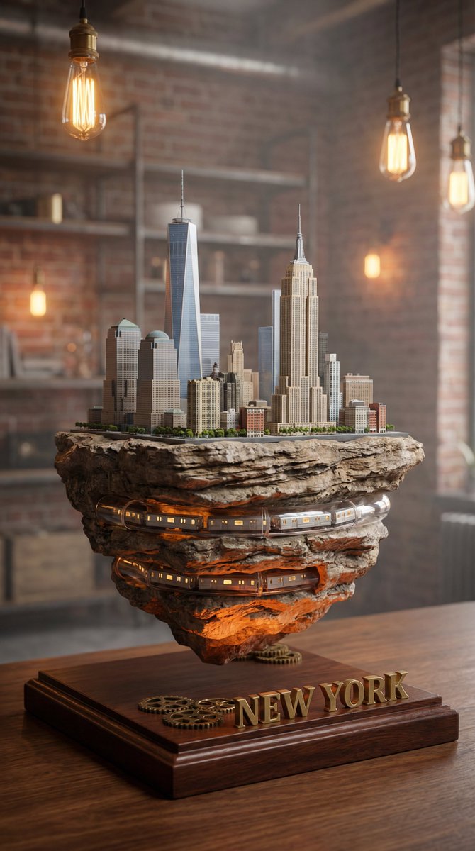 悬浮岩上的超写实微缩城市 AI image prompt example