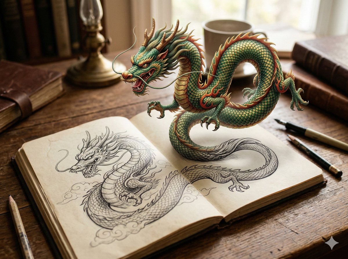 纸上神龙破壁化真的奇幻瞬间 AI image prompt example