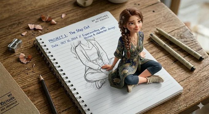 创意3D错觉:从画纸走出的可爱女孩 AI image prompt example