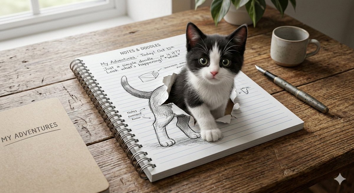 跃出纸面的黑白萌猫视错觉画 AI image prompt result