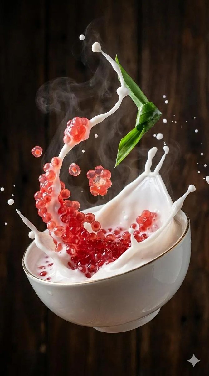 椰浆糖浆炸裂瞬间的超写实美食摄影 AI image prompt example