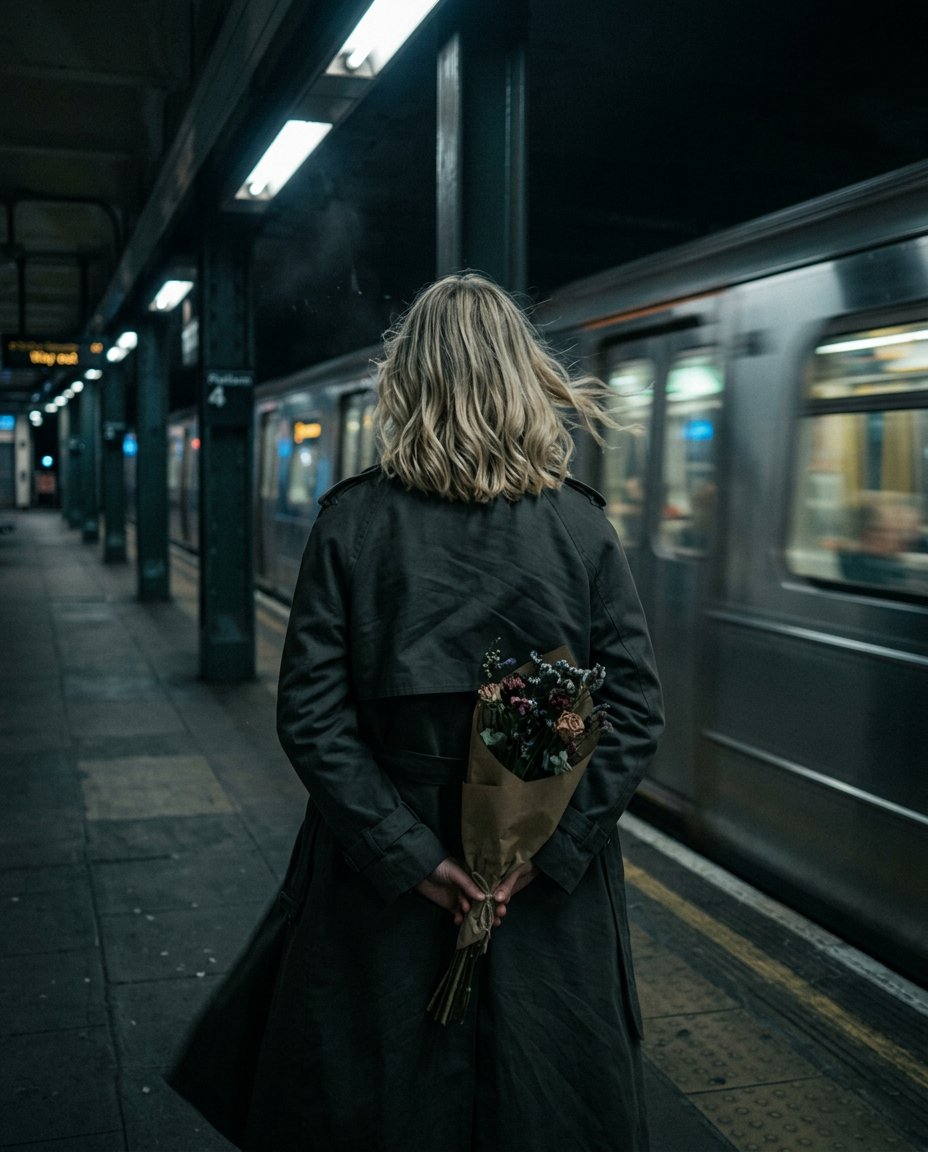 夜风中手捧花束的静谧回眸 AI image prompt result
