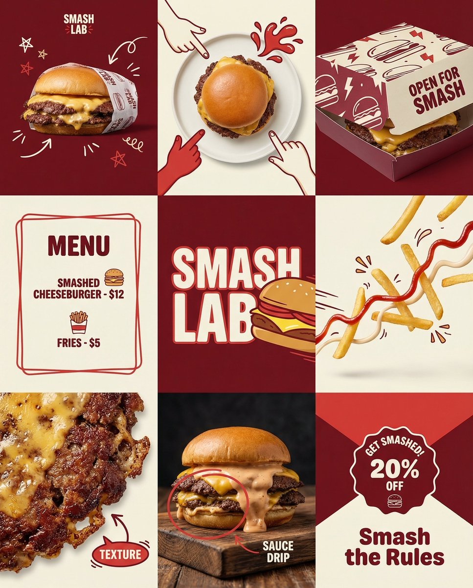 潮流美食品牌九宫格视觉营销创意设计 AI image prompt example