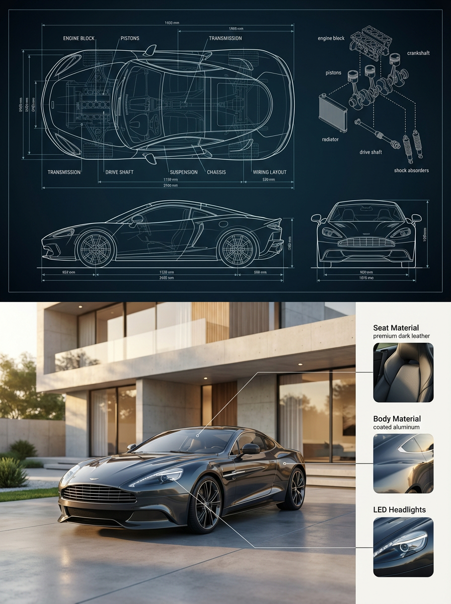 Split blueprint car render: GPT Image 2 prompt AI image prompt result